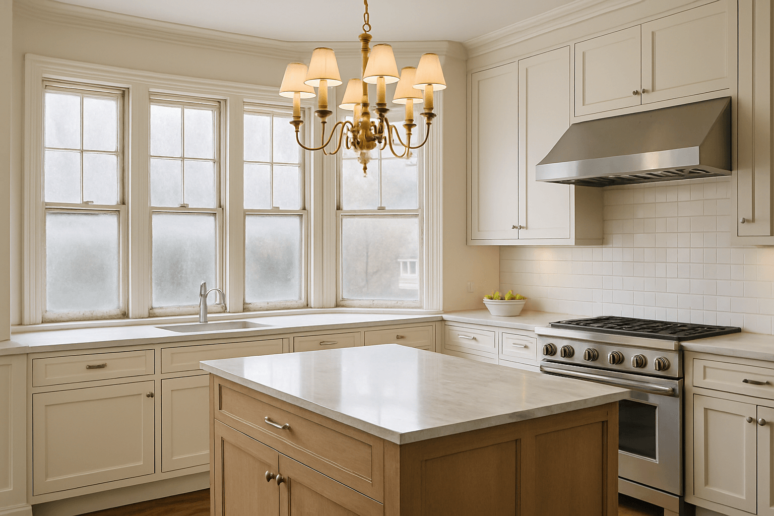 A modern kitchen with white cabinets, a marble island, stainless steel stove and hood, subway tile backsplash, a sink under three windows, and a brass chandelier overhead.
