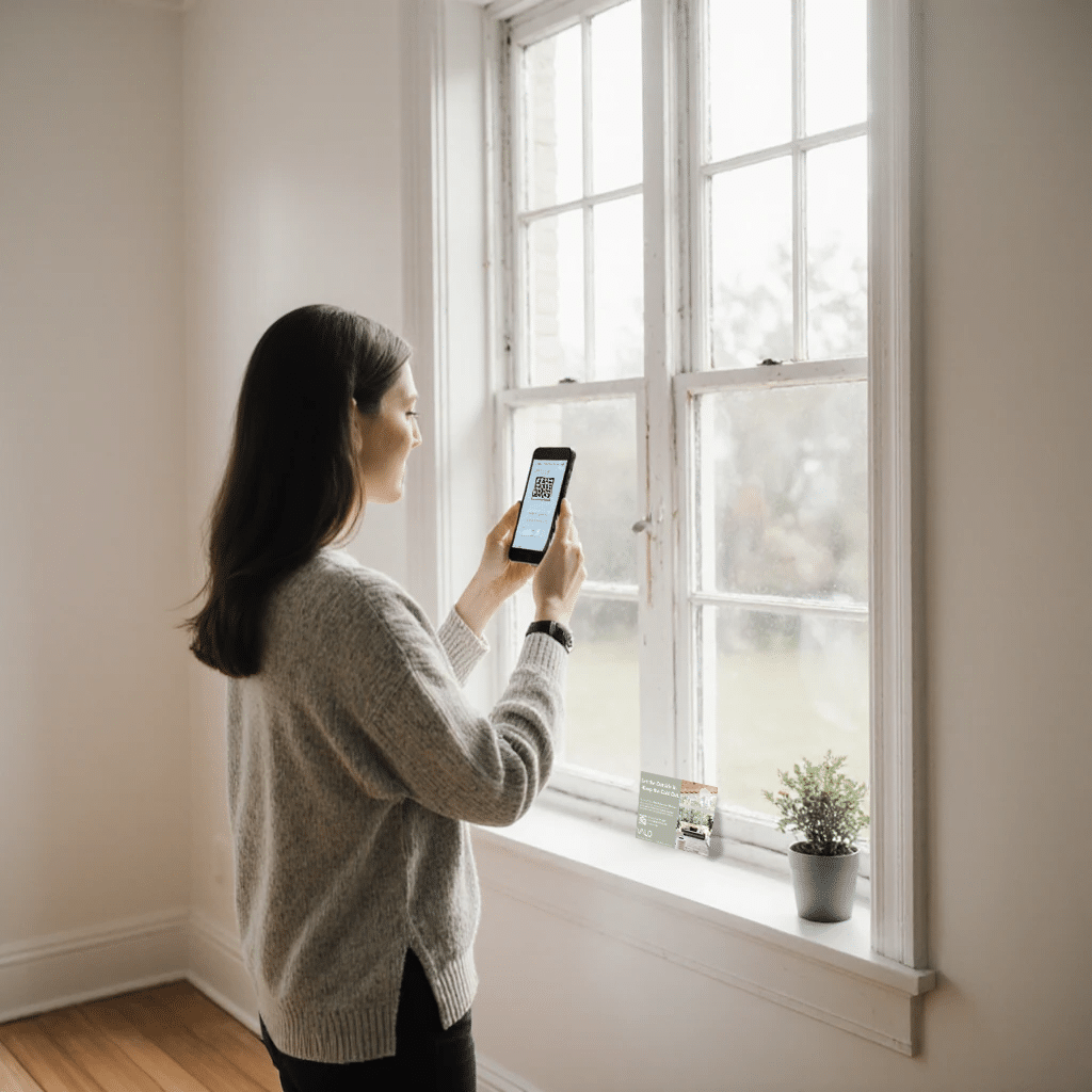 A woman stands by a window holding a smartphone and scanning a QR code on a small card placed on the windowsill next to a potted plant.