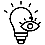 A simple line drawing of a lightbulb with rays and an eye in front of it, also emitting rays, suggesting the concept of vision or insight.