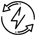 Black line icon of a lightning bolt inside a circular arrow, symbolizing energy or power recycling and renewable energy.