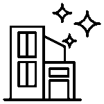 Simple line drawing of a clean building with three sparkle icons above it, indicating cleanliness or a newly cleaned structure.
