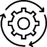 Black gear icon surrounded by two circular arrows, representing process, workflow, or continuous improvement.